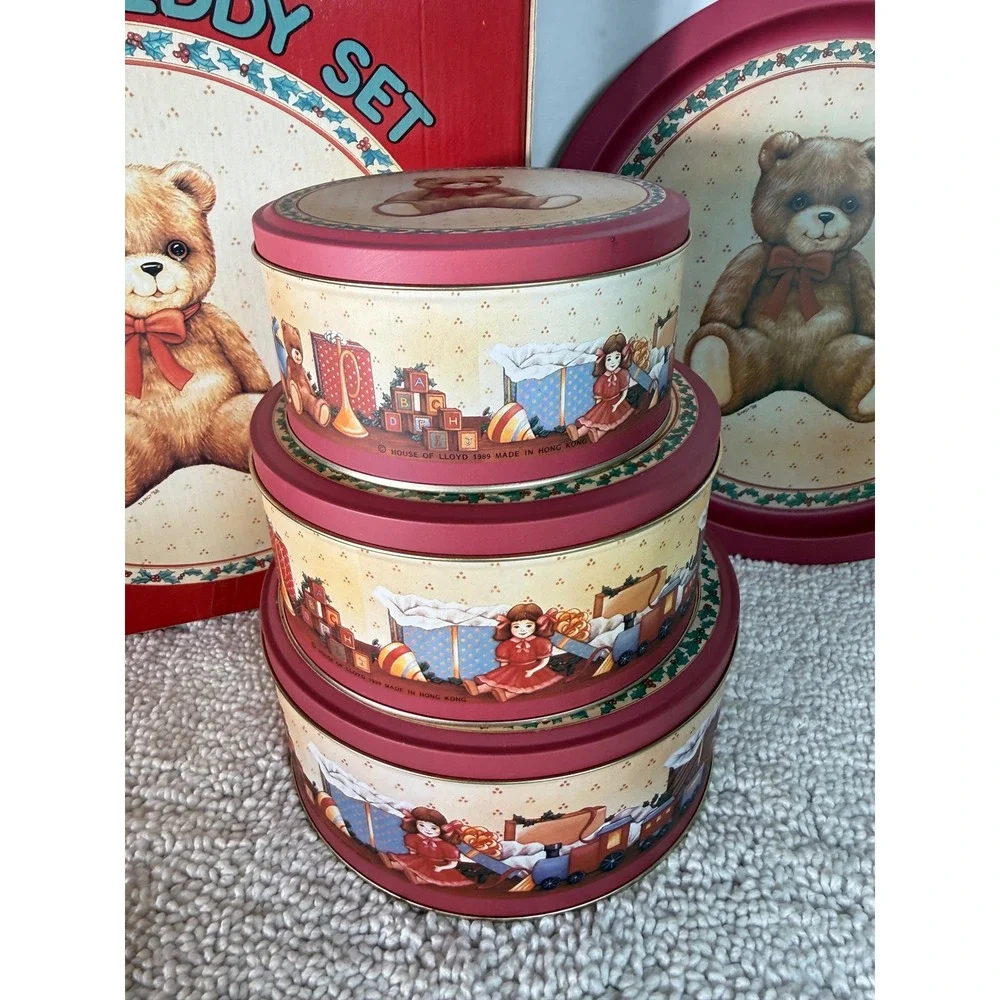 VTG 1989 House of Lloyd Toy Box Teddy Set 3 Nesting‎ Cookie Tins & Tray 4 Pc New